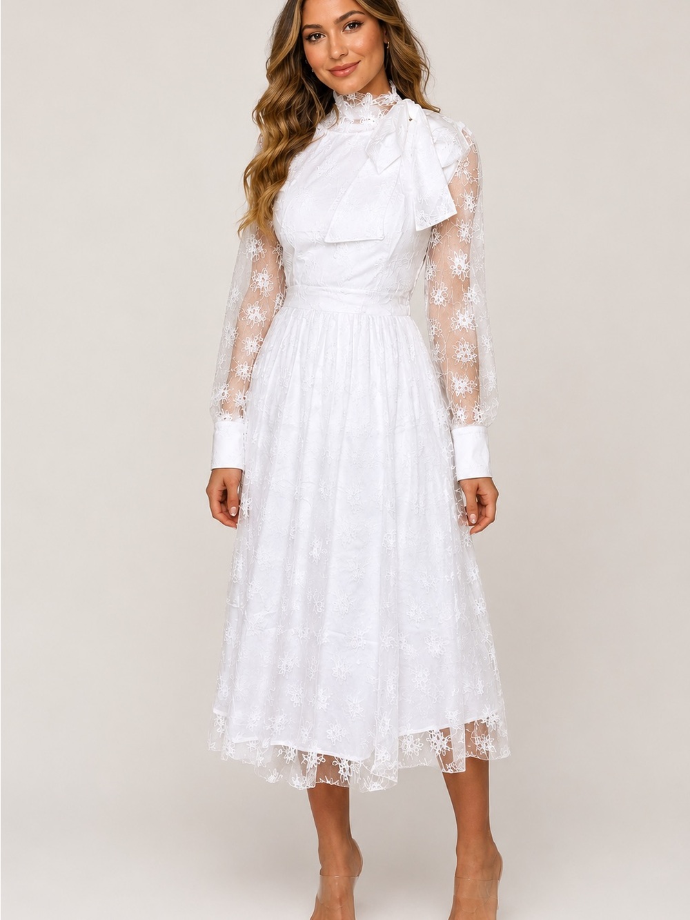 NWT Ombra USA White Lace Midi Dress with Neck Tie | Size L